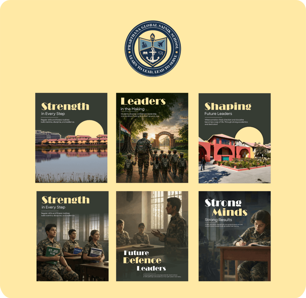 Educational posters showcasing leadership, strength, and future defense leaders at Kymin Creation.