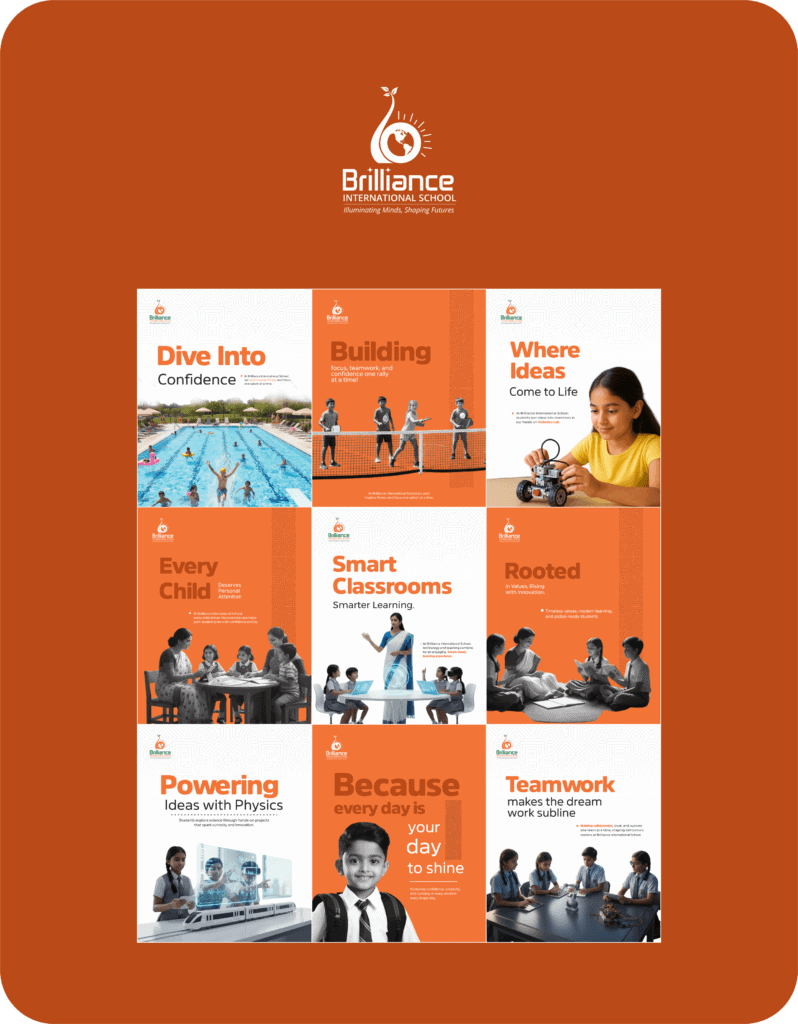Educational poster for Brilliance International School with various learning themes.