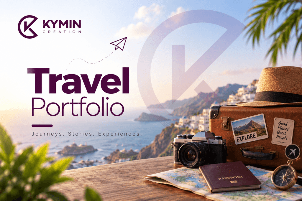 Travel portfolio image with camera, passport, and scenic background.