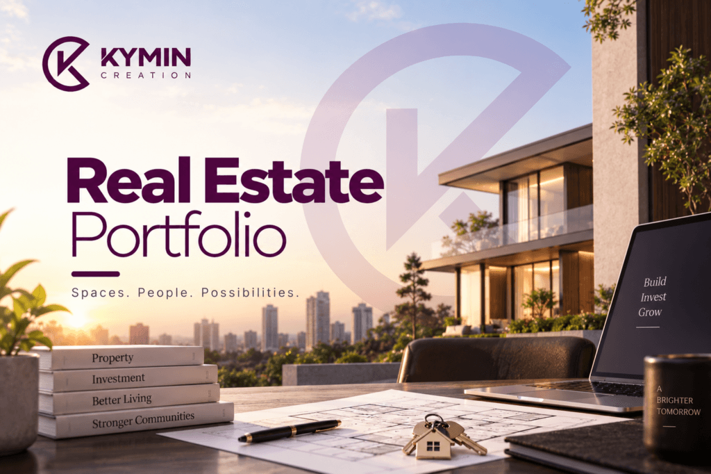 Modern real estate portfolio image with property and cityscape background.