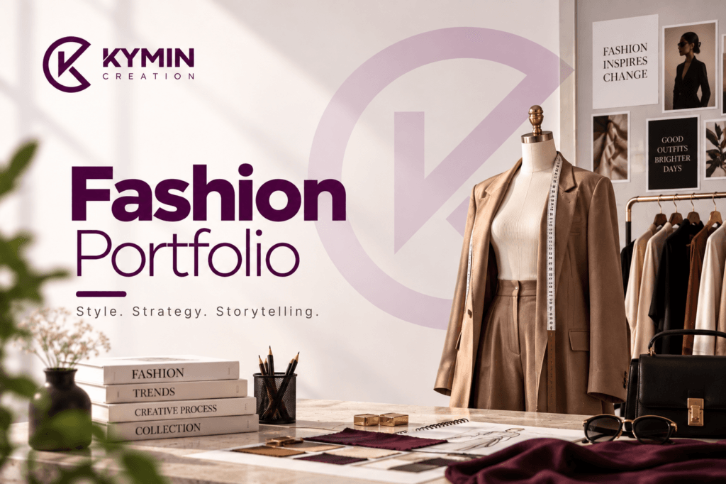 Fashion portfolio display with clothing and design elements at Kymin Creation.