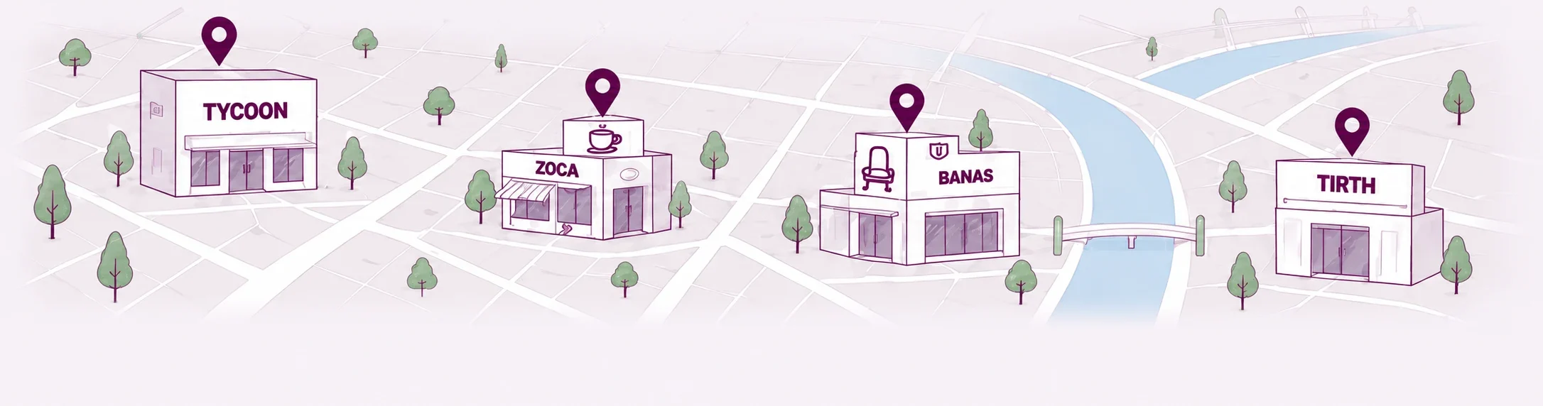 Illustrated local business map with Tycoon, Zoca, Banas and Tirth locations — conceptual Local SEO illustration